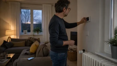 Bewohner stellt in einem normalen Wohnzimmer ein smartes Raumthermostat ein
