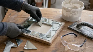 Spiegelfragmente werden mit Schutzhandschuhen zu einem Mosaikrahmen gelegt