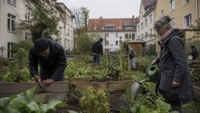 Freiwillige pflegen gemeinsam Hochbeete in einem Bremer Stadtgarten