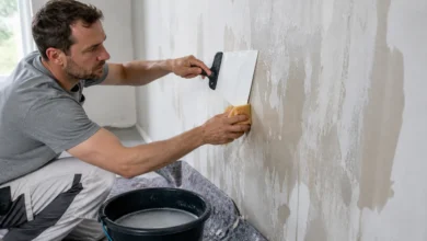 Hausbesitzer entfernt eingeweichten Tapetenkleister mit Spachtel und Schwamm