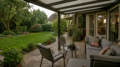 Überdachte Terrasse mit einfachen Gartenmöbeln und Blick in den Garten