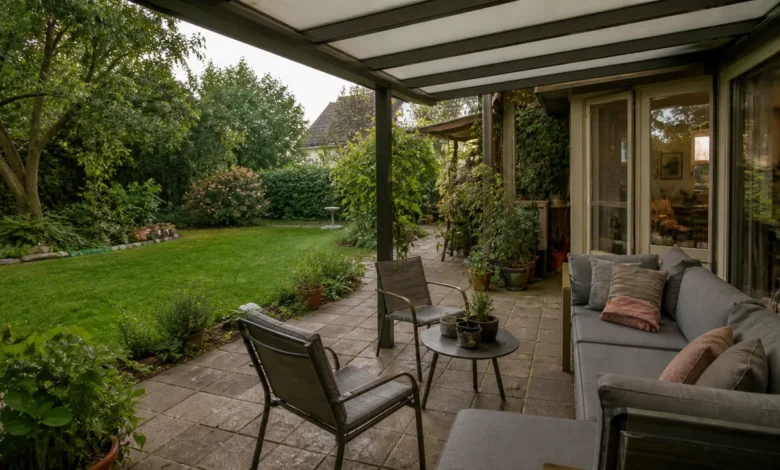 Terrasse als Wohnzimmer mit überdachtem Sitzplatz und freien Laufwegen