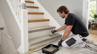 Holztreppe beim sicheren Lackieren mit Treppenlack