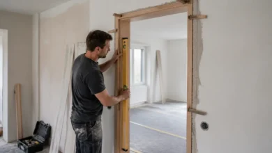 Handwerker richtet eine neue Holztürzarge mit der Wasserwaage aus