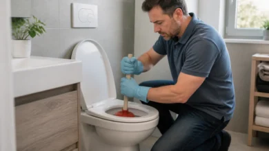 Hausbesitzer löst eine Toilettenverstopfung mit einer Saugglocke