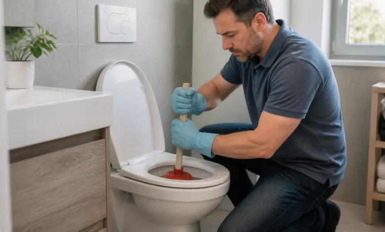 Hausbesitzer setzt eine Saugglocke kontrolliert an einer verstopften Toilette an