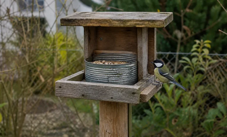 Hygienisches Vogelfutterhaus aus Altholz mit geschütztem Futtersilo und abnehmbarem Boden