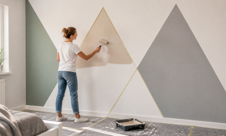 Wand mit Dreiecken streichen – große geometrische Farbflächen mit sauber abgeklebten Kanten