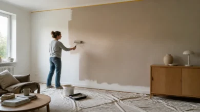 Frau streicht eine Wohnzimmerwand in einem dezenten Beigeton