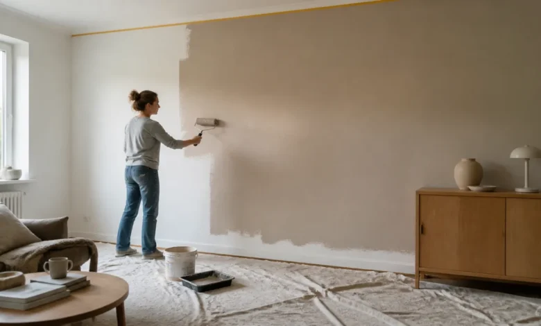 Frau streicht eine Wohnzimmerwand in einem dezenten Beigeton