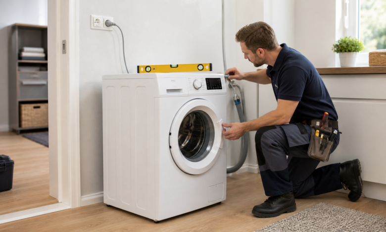 Waschmaschine anschließen und mit einer Wasserwaage ausrichten