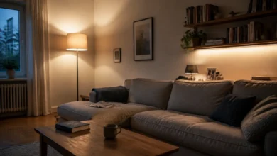 Wohnzimmer mit abgestimmter Steh-, Tisch- und indirekter Beleuchtung