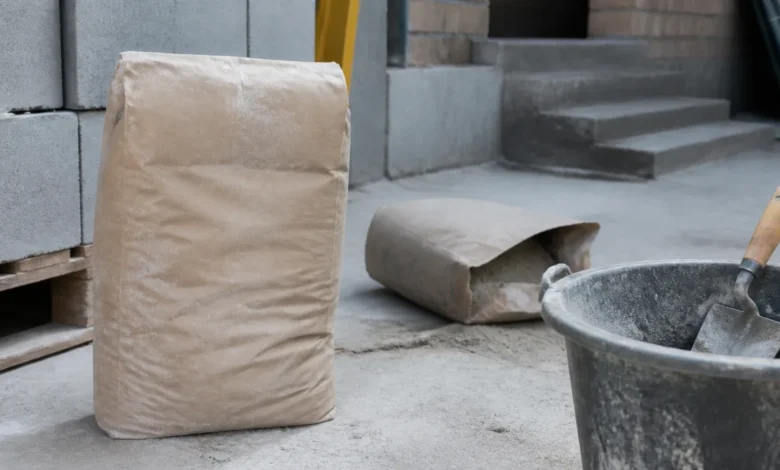 Zement 25 kg – unbedruckter Sack neben Mörtelkübel und Kelle auf einer Baustelle