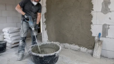 Handwerker mischt Zementputz in einem Mörtelkübel