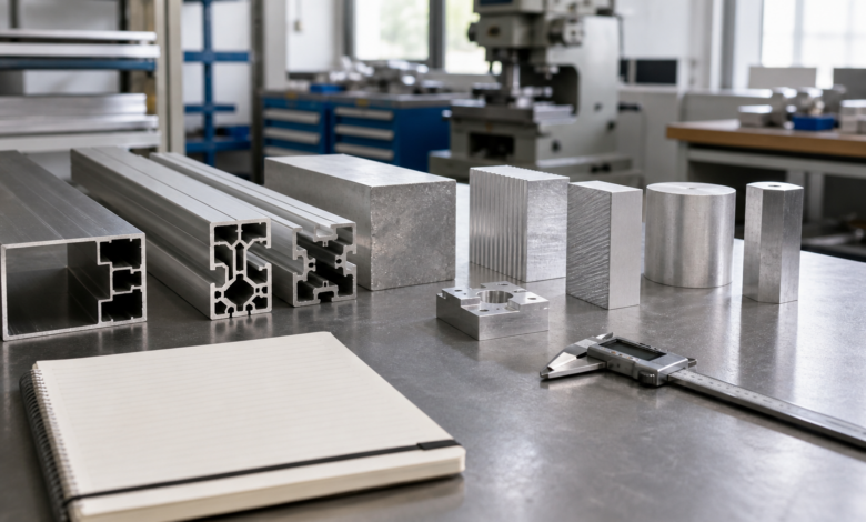 Aluminiumprofile und bearbeitete Aluminiumproben auf einem professionellen Werkstatttisch