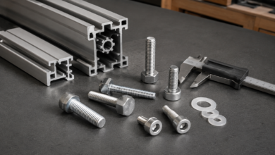 Aluminiumschrauben mit Messschieber und Isolierscheiben auf Werkbank