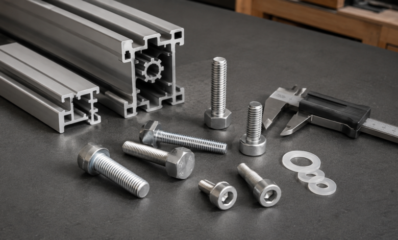 Aluminiumschrauben mit Messschieber und Isolierscheiben auf Werkbank