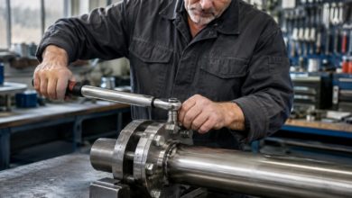 Mechaniker zieht eine Flanschverbindung mit Drehmomentschlüssel an