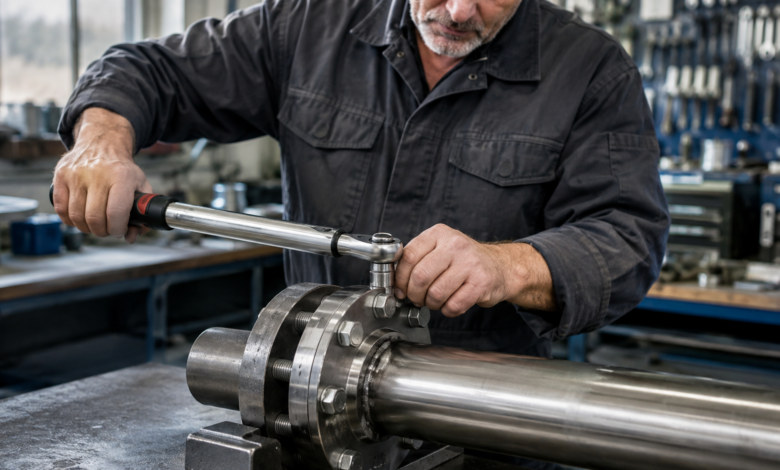 Mechaniker zieht eine Flanschverbindung mit Drehmomentschlüssel an