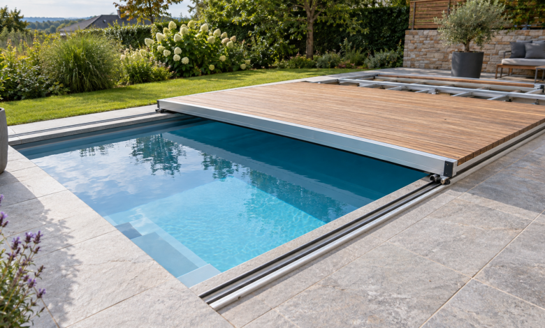 Teilweise geöffnete begehbare Poolabdeckung aus Holz auf Aluminiumrahmen