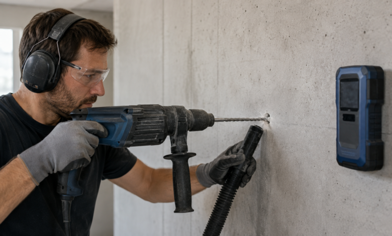 Betonwand mit Bohrhammer und Staubabsaugung bohren