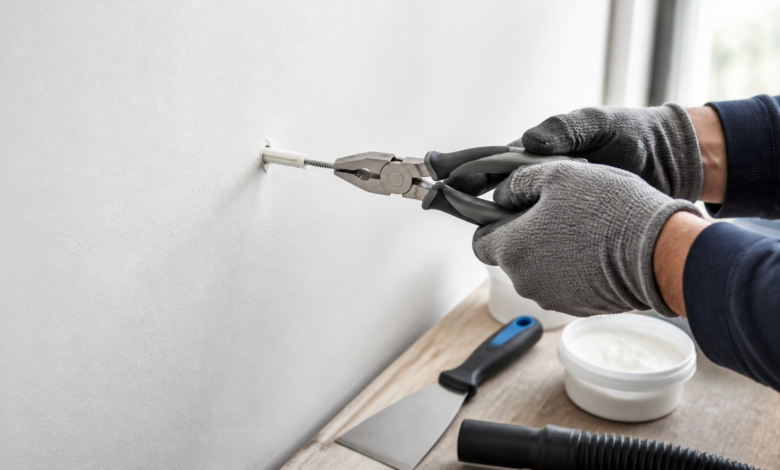 Dübel mit Schraube und Zange vorsichtig aus einer Wand entfernen