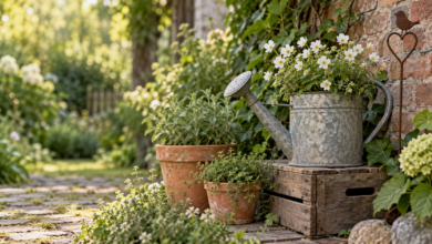 Stilvolle Vintage Gartendeko mit Zinkgießkanne, Terrakotta und alter Holzkiste