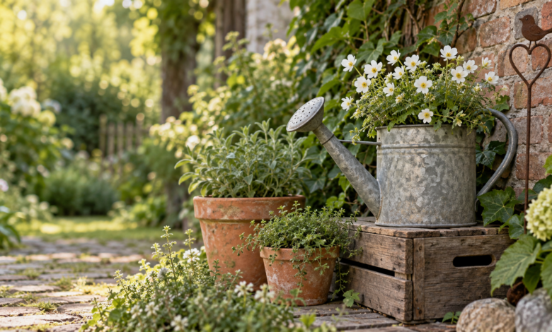 Stilvolle Vintage Gartendeko mit Zinkgießkanne, Terrakotta und alter Holzkiste