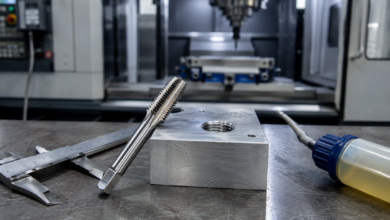 Gewindeformer neben einem frisch geformten Innengewinde in einem Aluminium-Prüfblock