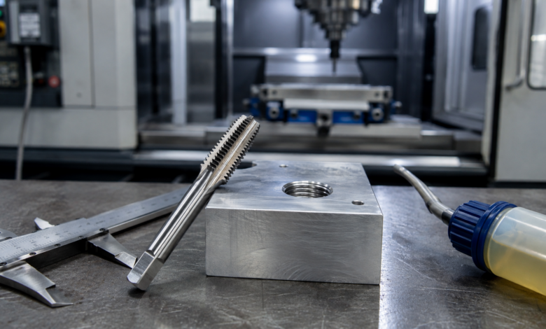 Gewindeformer neben einem frisch geformten Innengewinde in einem Aluminium-Prüfblock