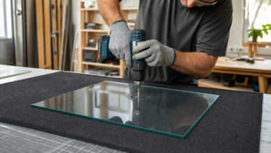 Flache Glasscheibe mit wassergekühltem Diamantbohrer bohren