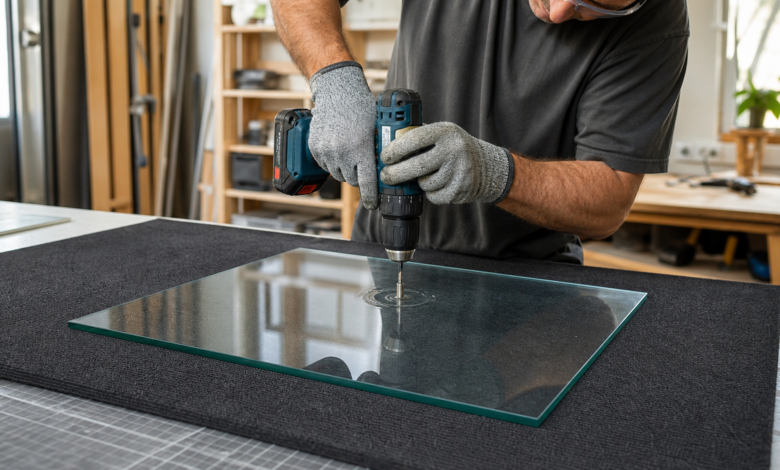 Flache Glasscheibe mit wassergekühltem Diamantbohrer bohren