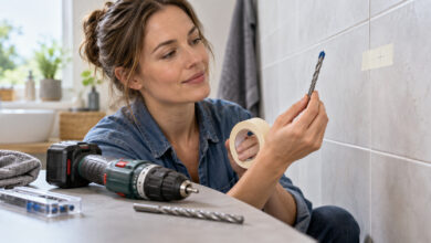 Heimwerkerin prüft einen Bohrer vor einer markierten Fliese