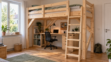 Stabiles selbst gebautes Hochbett aus Massivholz mit Schreibtisch darunter