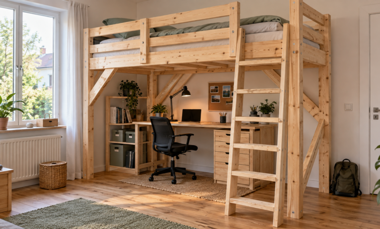 Stabiles selbst gebautes Hochbett aus Massivholz mit Schreibtisch darunter