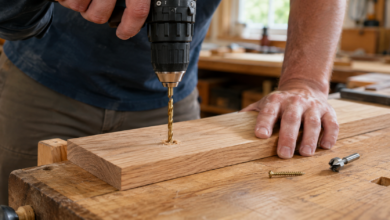 Holz vorbohren mit einem Holzbohrer auf einer Werkbank