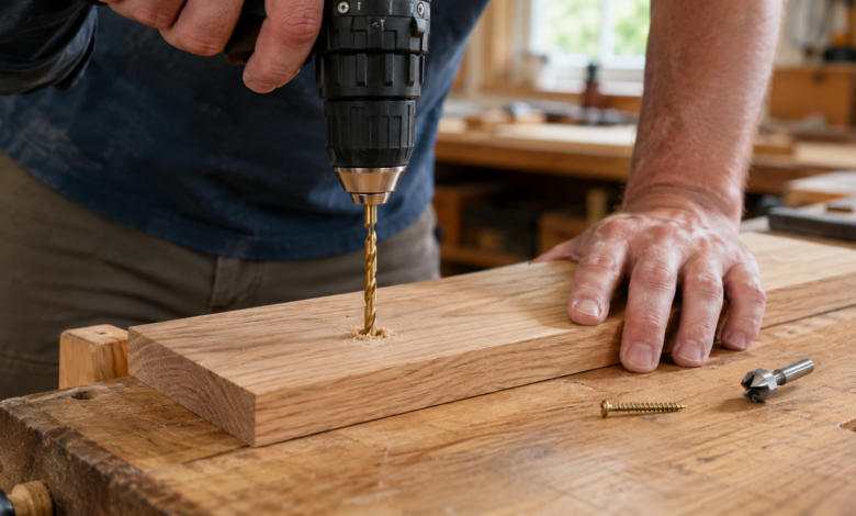 Holz vorbohren mit einem Holzbohrer auf einer Werkbank