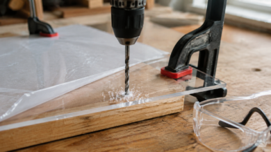 Transparente Kunststoffplatte wird festgespannt auf einer Holzunterlage sauber gebohrt