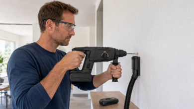 Heimwerker bohrt mit Schutzbrille und Zusatzhandgriff in eine Wand