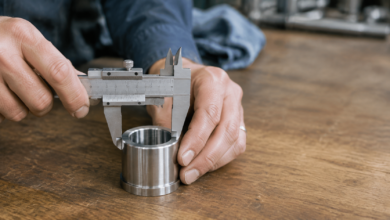 Analoger Messschieber misst ein präzisionsgefertigtes Metallteil