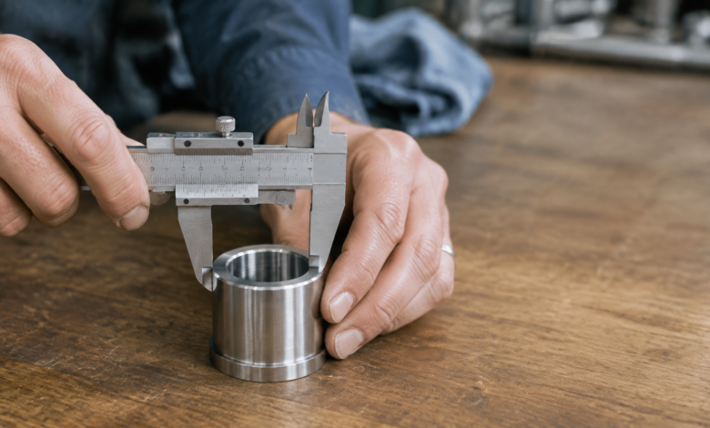 Analoger Messschieber misst ein präzisionsgefertigtes Metallteil