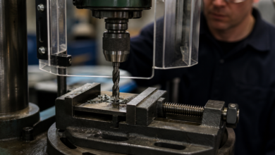 Metallplatte sicher eingespannt unter einer geschützten Ständerbohrmaschine