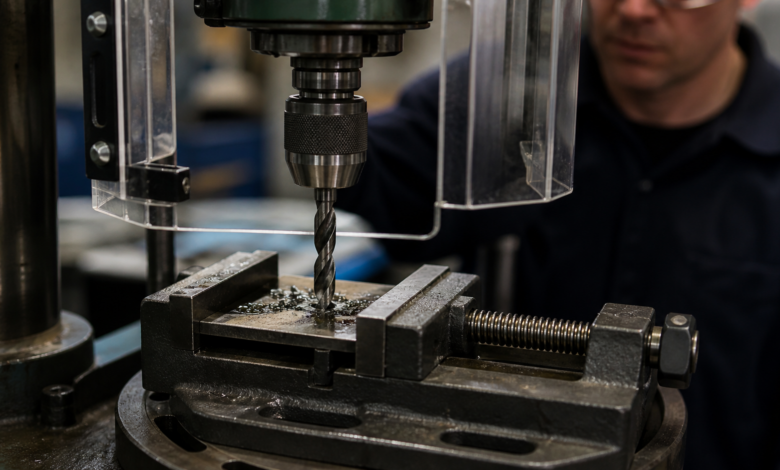 Metallplatte sicher eingespannt unter einer geschützten Ständerbohrmaschine