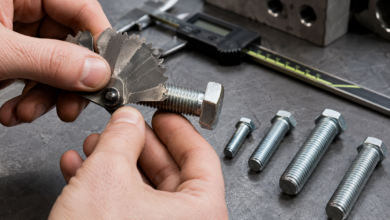 Gewindelehre liegt passgenau an einer metrischen Stahlschraube an