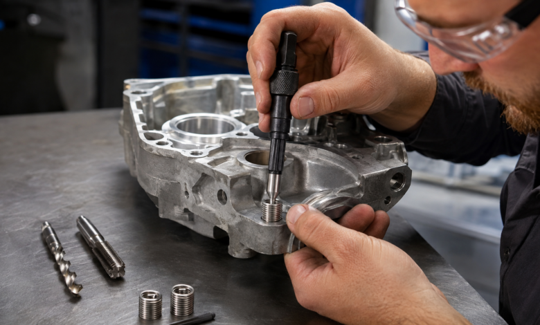 Mechaniker montiert einen Drahtgewindeeinsatz in ein Aluminiumgehäuse