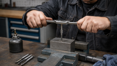 Handwerker schneidet mit einem Windeisen ein metrisches Innengewinde in einen eingespannten Stahlblock