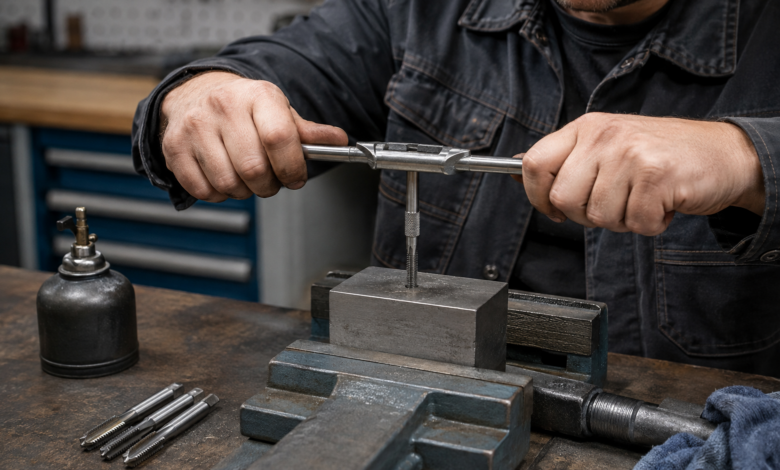 Handwerker schneidet mit einem Windeisen ein metrisches Innengewinde in einen eingespannten Stahlblock