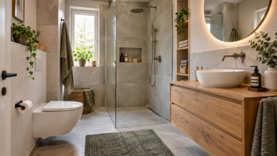 Modernes Bad mit Walk-in-Dusche, Holzwaschtisch und großen Steinfliesen