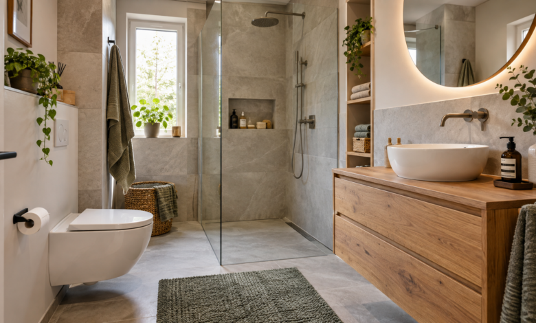 Modernes Bad mit Walk-in-Dusche, Holzwaschtisch und großen Steinfliesen