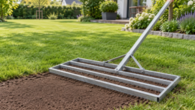 Selbst gebaute Rasenrakel aus Metall beim Verteilen von Topdressing auf einer Rasenfläche